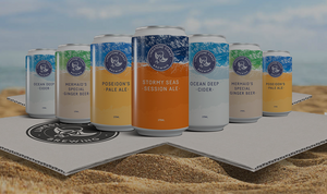 Limestone Coast Brewing craft beer cans containing; red ale, pale ale, ginger beer, cider and lager on the beach.