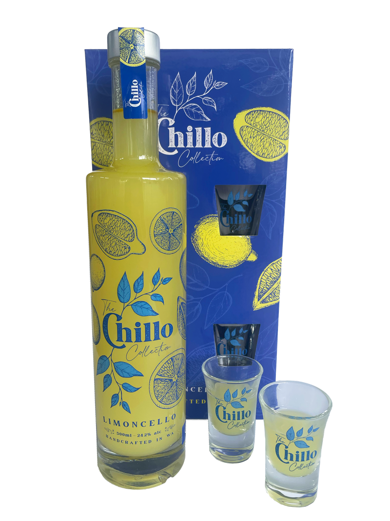 Gift box containing bottle of Chillo Collection Limoncello and two shot glasses.