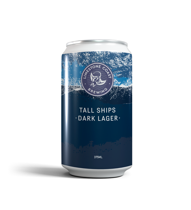 Local brew can of Tall Ships Dark Lager with contents of the can containing with notes of chocolate, caramel and coffee.